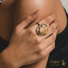 Load image into Gallery viewer, Peach Raw Pyrite Statement Rock Ring