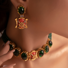 Load image into Gallery viewer, The Husna - A Beautiful Vision (Vintage Zammarud/Emerald and Marjaan/Coral Inspired Choker Set)
