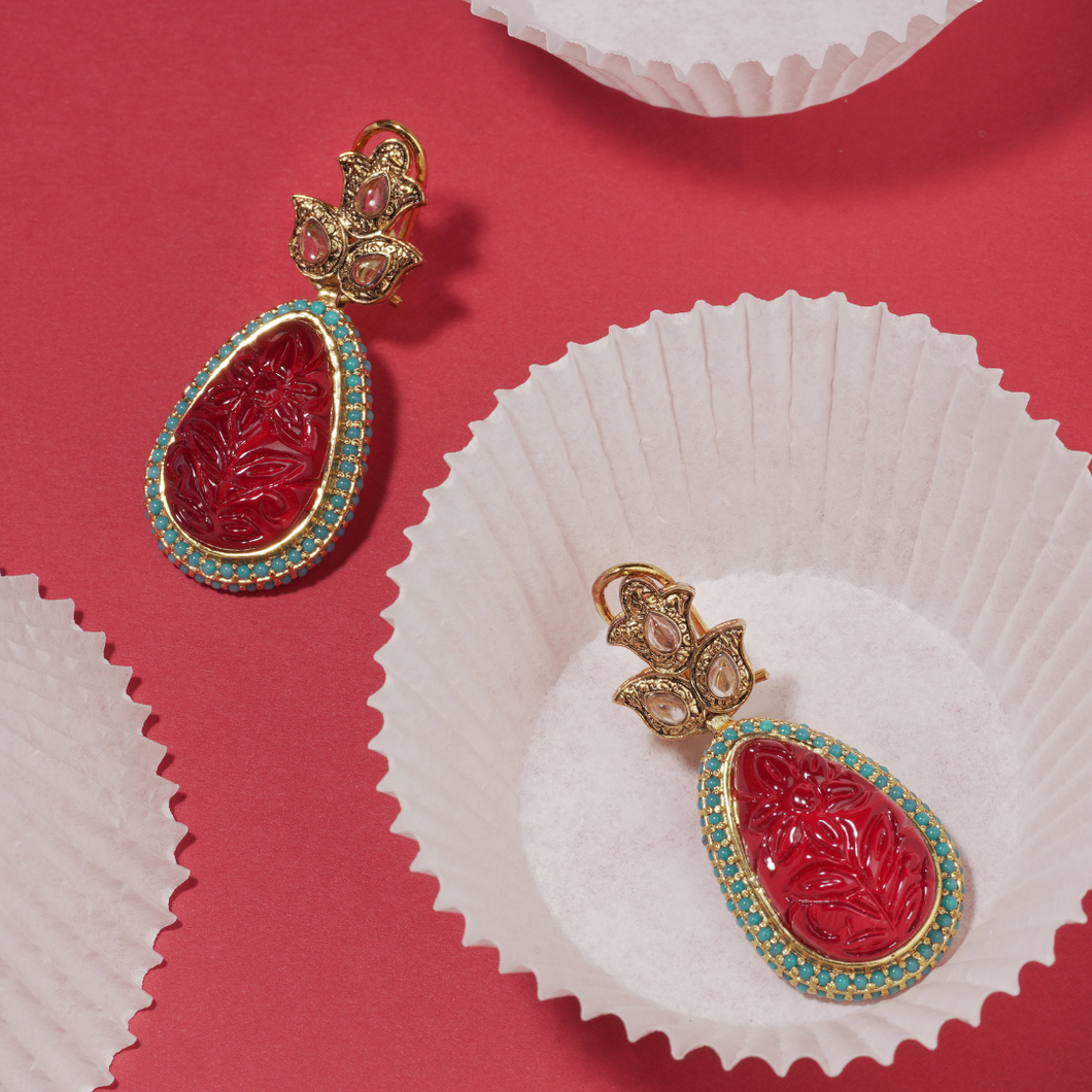 The Dynasty Earrings in Ruby Red & Feroza Beads